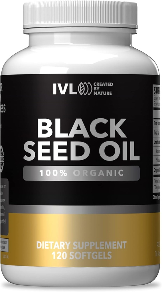 IVL - Organic Black Seed Oil - 120 Softgel Capsules - (1000mg na jedną porcję) - Pure Cold Pressed Nigella Sativa Seed Oil - Omega 3 6 9, Antioksydants, Thymoquinone - Black Seed Oil Liquid kapsułki