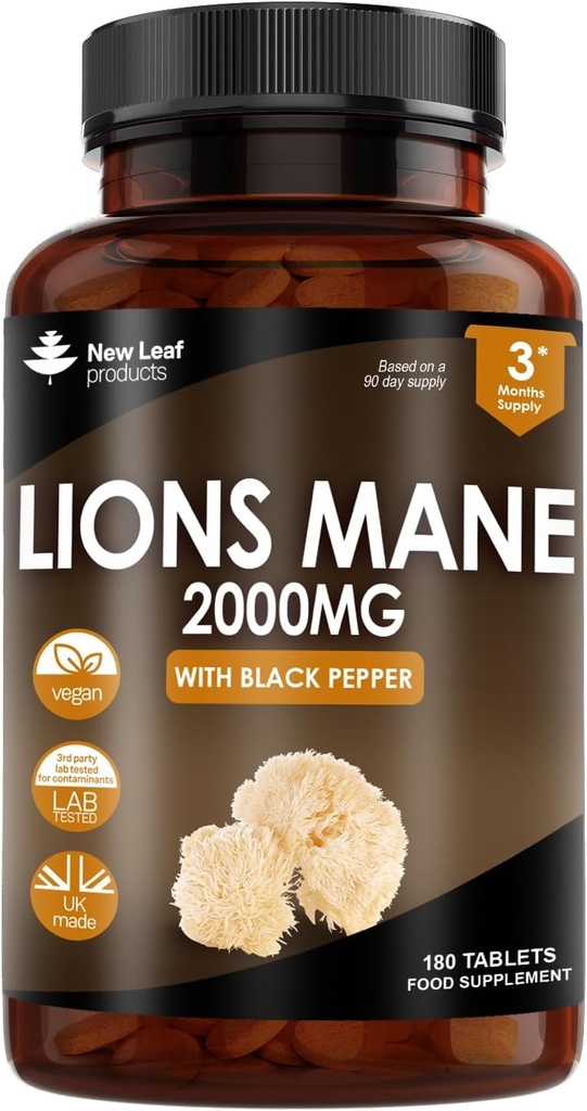 Nowe produkty liść Lions Mane Mushroom Extract Supplement 2000mg - 180 wysokiej mocy Wegańskie tabletki z papryką czarną - (Nie proszek lub kapsułki) Made in The UK