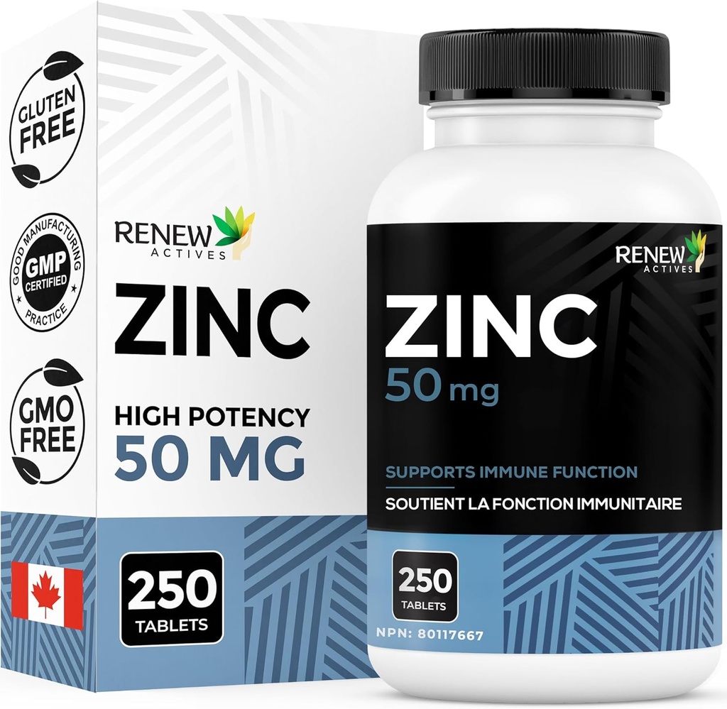 Renew Actives Zinc Supplements 50MG per Serving - Essential for Immune Health, Strong Bones & Promoting Healthy Hair, Nails & Glowing Skin for Daily Use - Made in Canada - 250 Tablets