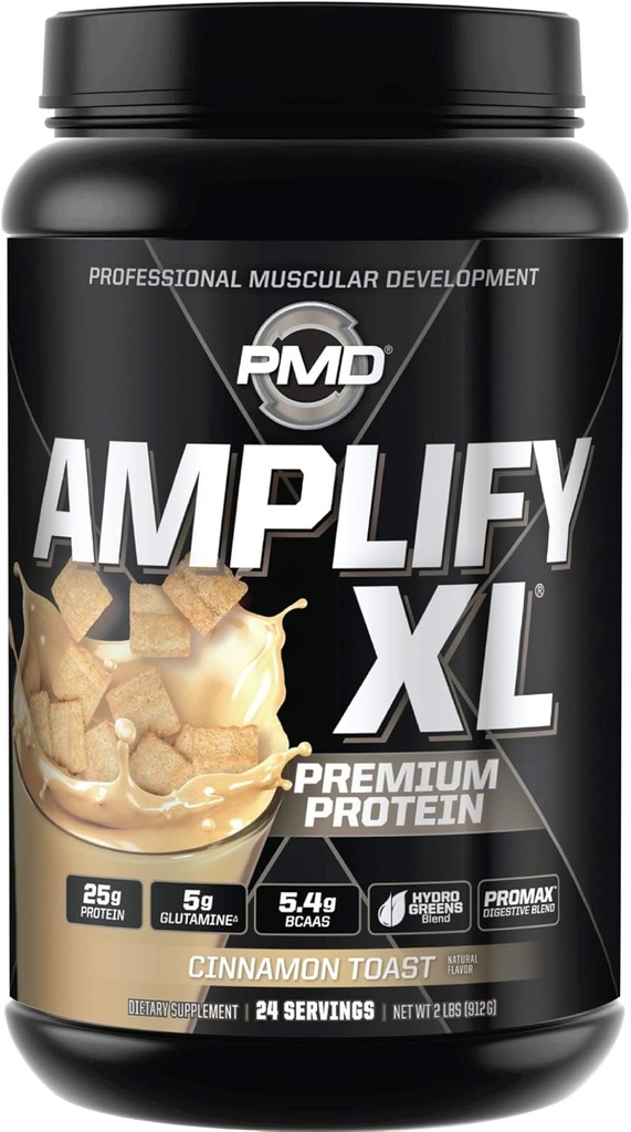 PMD Sports Amplify XL Premium Suplement białka serwatki Hydro Zielone Mieszanka - Glutamina i Matrix białka serwatki z Superfood for Muscle, Siła i Odzysk - Cynamon Toast (24 Słupki)