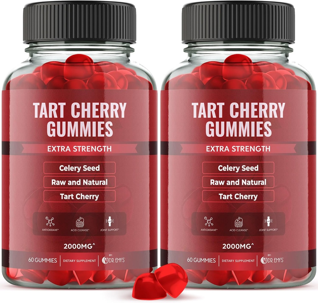 Ekstrakt Tart Cherry Dr. Emy 's 2,000mg * Gumy Supplement + Selery Seed Extract 400mg *, Raw & Natural - Non-GMO - Gluten i Żelatyna Free Vegan, Joint Comfort Kwas moczowy Cleanse