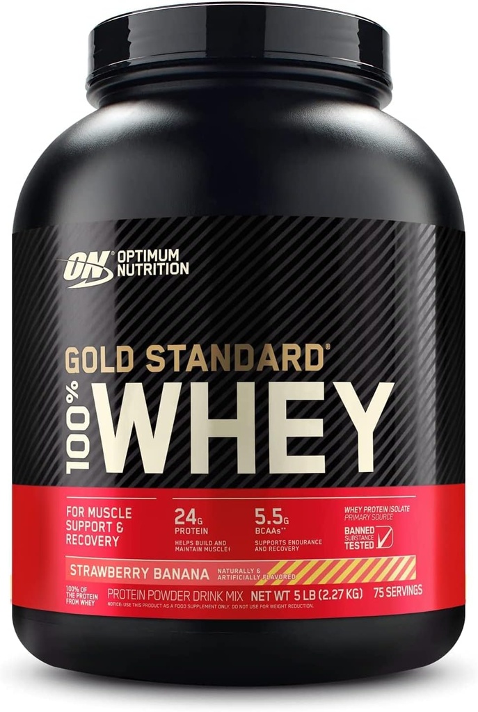 Optimum Nutrition Gold Standard 100% Proszek z białka serwatki, Banana truskawkowa, 5 funtów (Opakowanie może Vary)