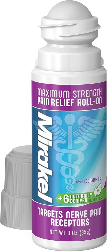 MIRAKEL Nerve Pain Relief Roll- on, Maksymalna moc Lidokaina do łagodzenia bólu w Toes, Stopy, Palce, Ręce, Nogi i ramiona, 3 oz