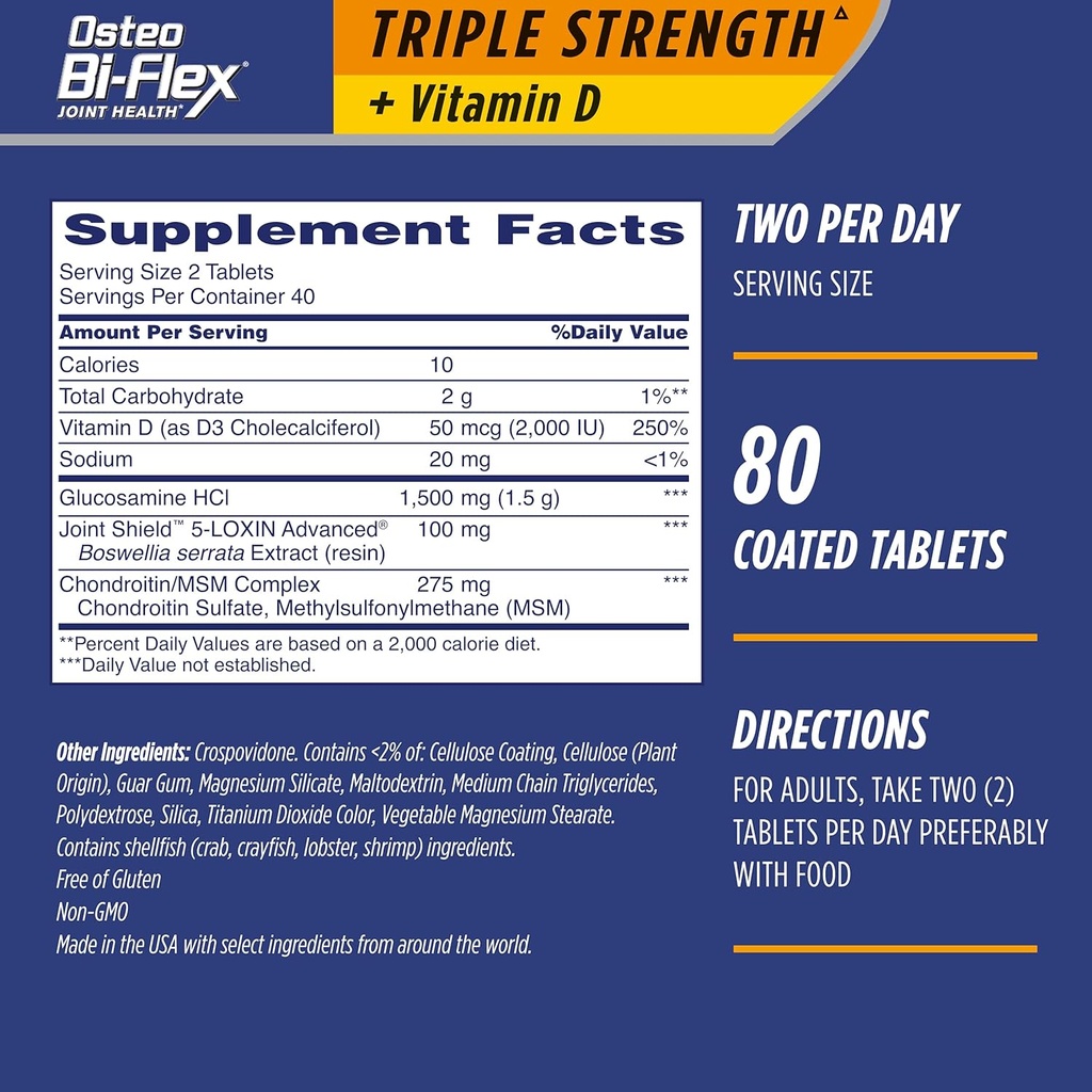 Osteo Bi-Flex Triple Strength(5) with Vitamin D Glucosamine Chondroitin Joint Health Supplement, Coated Tablets, 80 Count (Pack of 2)