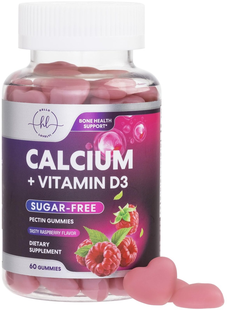 Suplementy wapnia dla kobiet - Bezcukrowe Gummie wapniowe z witaminą D3 dla kości, Zęby i immunologiczne wsparcie zdrowia, Naturalne żucia dla kobiet i mężczyzn - Malina aromat & Non-GMO - 60 Gummies