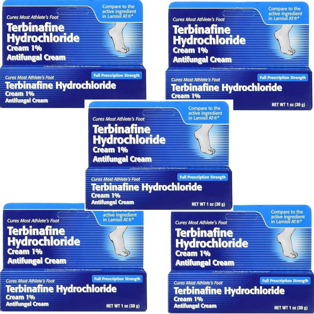 Terbinafine Hydrochloride 1% for 1 Week Athlete 's Foot Treatment AntiFungal Cream Fast Symptom Relief & Zapobiega nawrotowi 1 oz. (30 g) 5 Opakowanie
