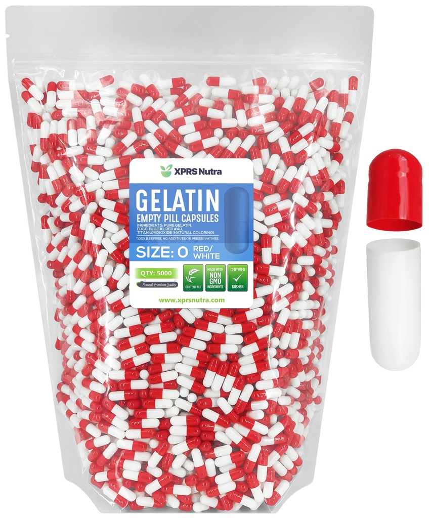XPRS Nutra Rozmiar 0 Puste kapsułki - 5000 Hrabia Puste kapsułki żelatynowe - Pigułki DIY Kapsułka Napełnianie - Czysty żel piórnik dla bydła Kapsułki Do- It- Yourself Supplements (czerwony / biały)