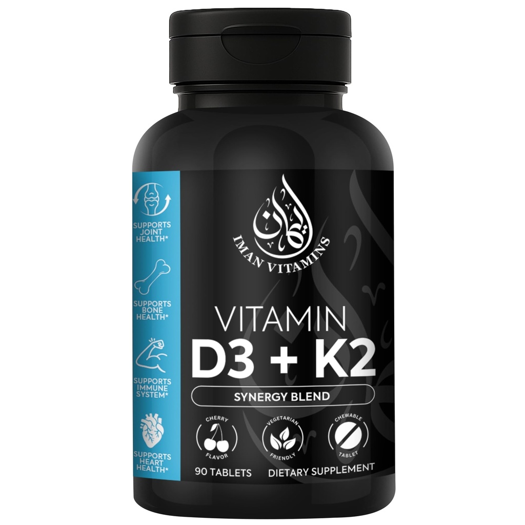Witamina Halal D3 z K2 Tabletki do rozgryzania i żucia - Witamina D 2000 iu + Menaquinone- 7 (MK7) 124; Wspomaga zdrowie serca, kości i mięśni 124; 90 liczyć dla mężczyzn i kobiet