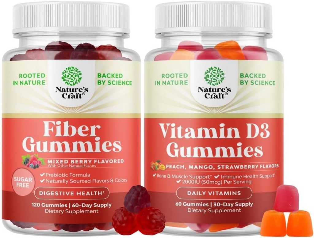 Bundle of Fiber Gummies for Adults - Chicory Root Supplement with Prebiotic for Gut & Digestive - Sugar Free & Vegan and Vitamin D3 Gummies with 2000IU per Serving Bone Muscle & Immune Support
