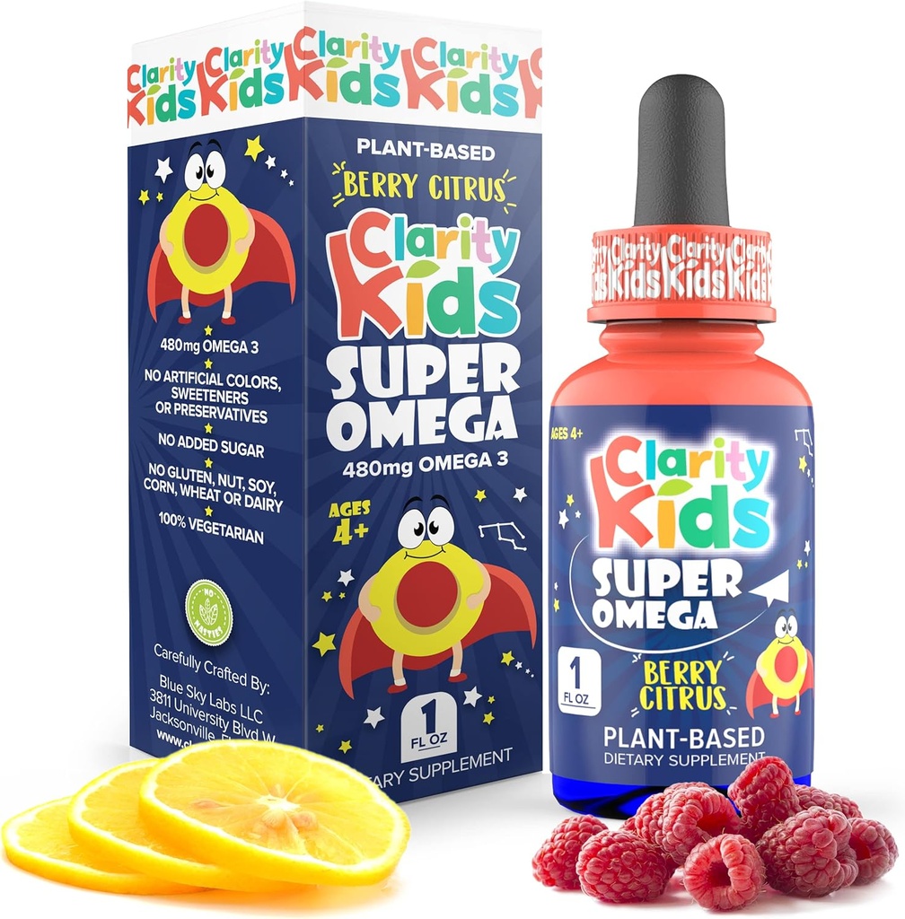 Clarity Kids Super Omega z DHA + EPA Omega 3 dla lepszego skupienia i jakości snu Algae Omega 3 Liquid (1 ml na serwowanie) Wszystkie naturalne DHA Drops dla dzieci USA Made Supplement (1 fl oz)