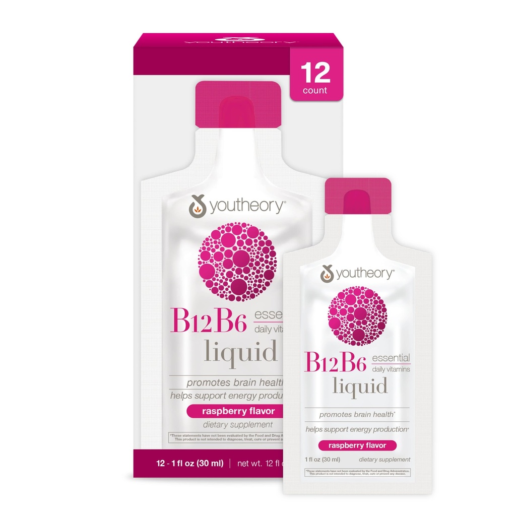 Youtheory Witamina B12 B6, Daily Energy and Brain Support Supplement, Płynny aromat malinowy, 12 - 1oz Pojedyncze pakiety serwisowe