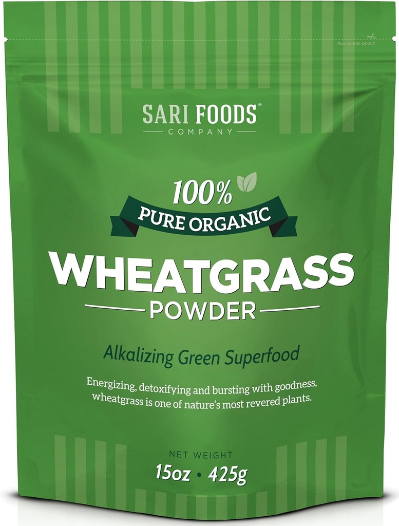 Sari Foods Organic Wheatgrass Powder - Wheat Grass Juice Powder with Chlorophyll, Antioxidants & Vitamins (15 Ounce)