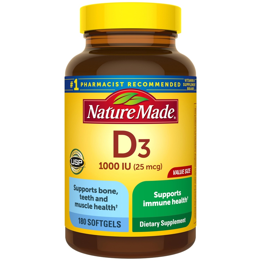 Nature Made Vitamin D3 1000 IU (25 mcg), Vitamin D Supplement for Bone, Teeth, Muscle and Immune Health Support, 180 Softgels, 180 Day Supply
