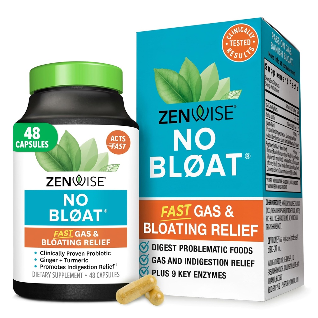 Zenwise Health No Bloat Digestive Enzymes for Gut Health, Gas & Bloating Relief - Multi Enzymes Disease Supplement with Probiotics, Ginger, Turmeric Dandelion & Lactase - Mężczyźni i kobiety - 48 Hrabia