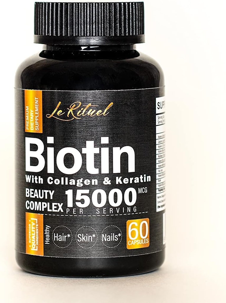 Biotin Witaminy z Collagen & Keratin - Suplement do wzrostu włosów dla kobiet i mężczyzn - 15000 µg Pigułki - Witaminy A, D, B1, B2, B3, B5, B6, B12 Kompleks - Zdrowe kapsułki wegańskie - 60