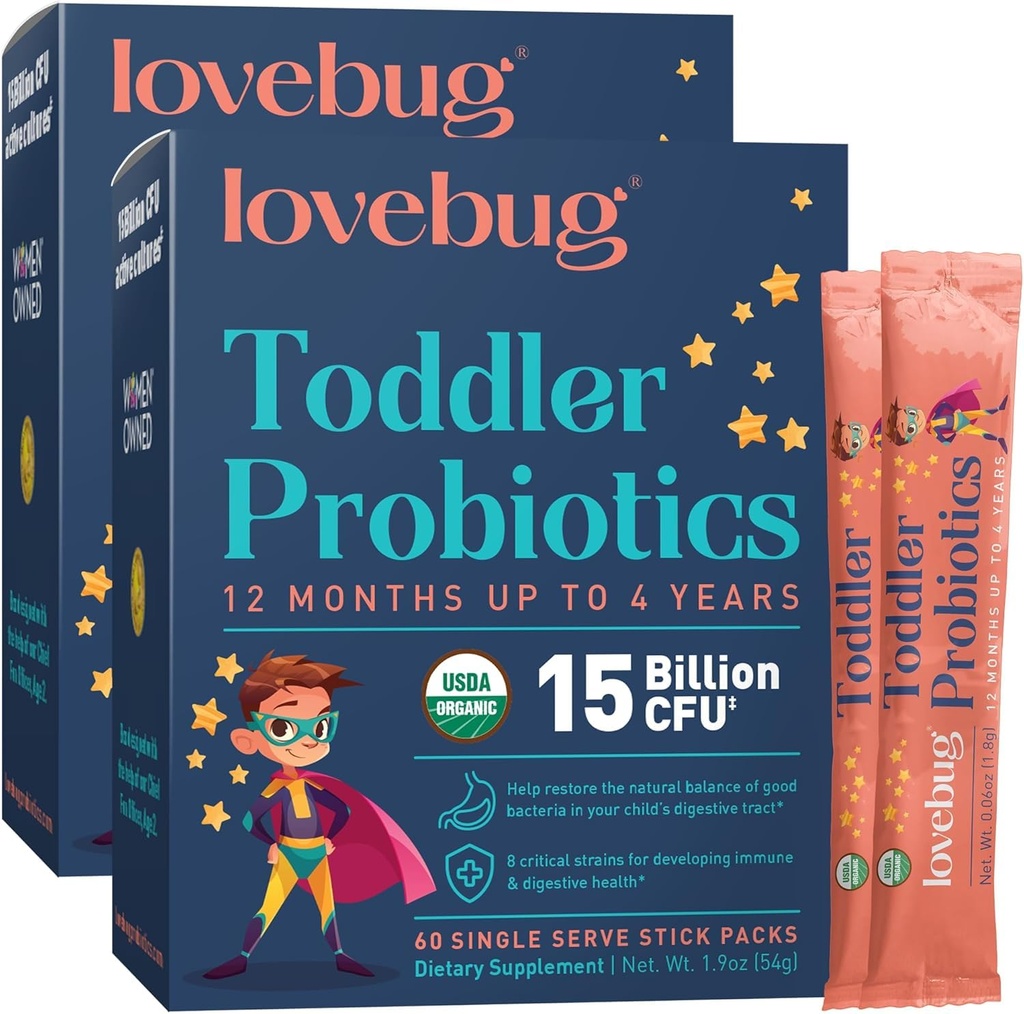 LOVEBUG Probiotyczny proszek dla dzieci z prebiotycznym włóknem - Toddler Immunity Support & Zaparcia Relief - USDA Organic Probiotics for Childrens Gut & Digestive Health (Wieki 1- 4) - 60 Pack (Niearomatyzowane)