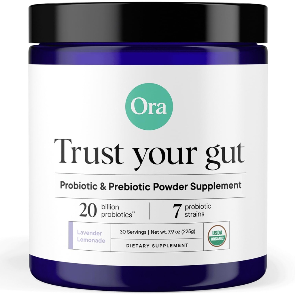 Ora Organic Prebiotic and Probiotic Powder Supplement - 20 Billion Probiotics, 7 Strains for Best Prebiotic Powder, Non-GMO, Probiotics for Women, Men & Kids - Lavender Lemonade Flavor, 30 Servings