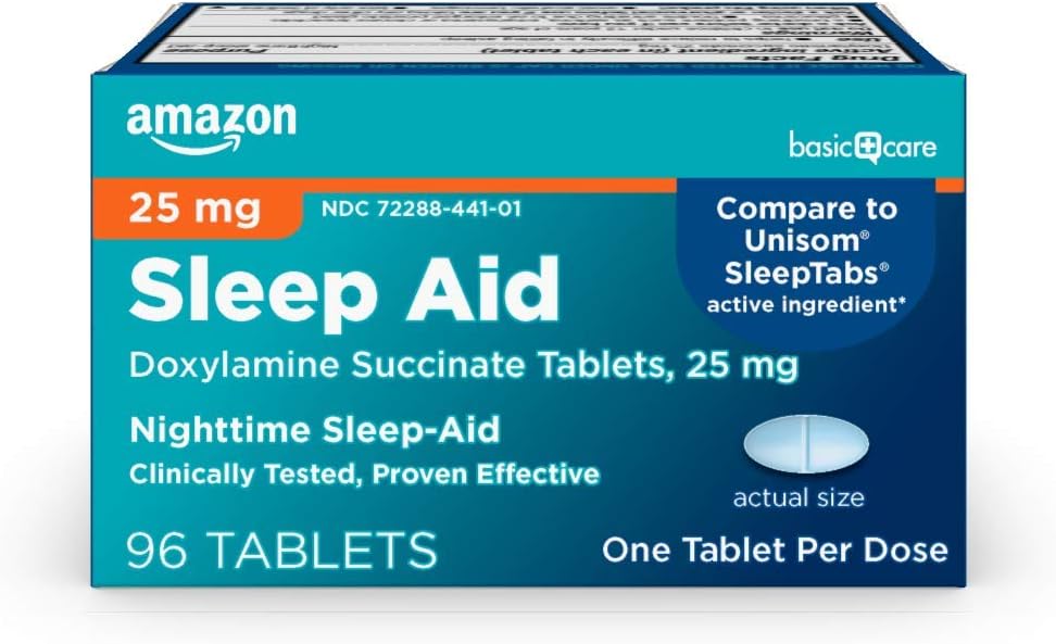 Pielęgnacja podstawowa Nighttime Sleep Aid Tablets dla dorosłych, Doksylamina Sukcynat 25 mg, 96 Hrabia
