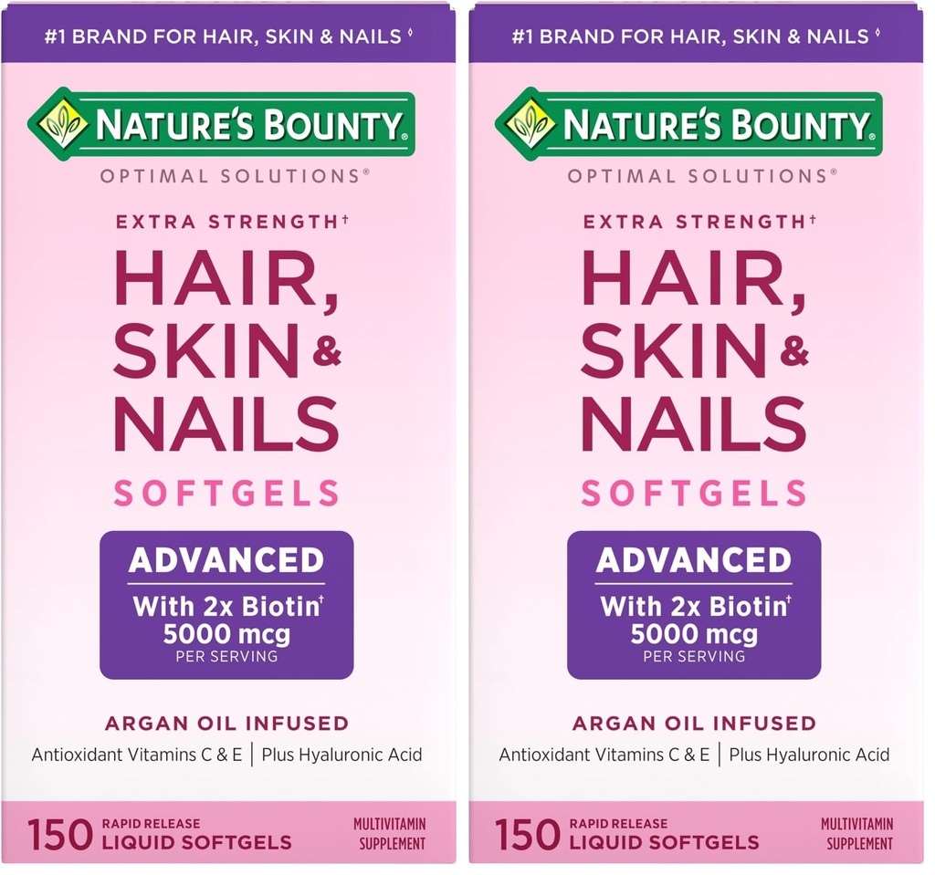 Nature 's Bounty Advanced Hair, Skóry i paznokcie, Argan- Infused suplement witaminy z biotiną i kwasem hialuronowym, 150 Softgels szybkiego uwalniania (Opakowanie 2)