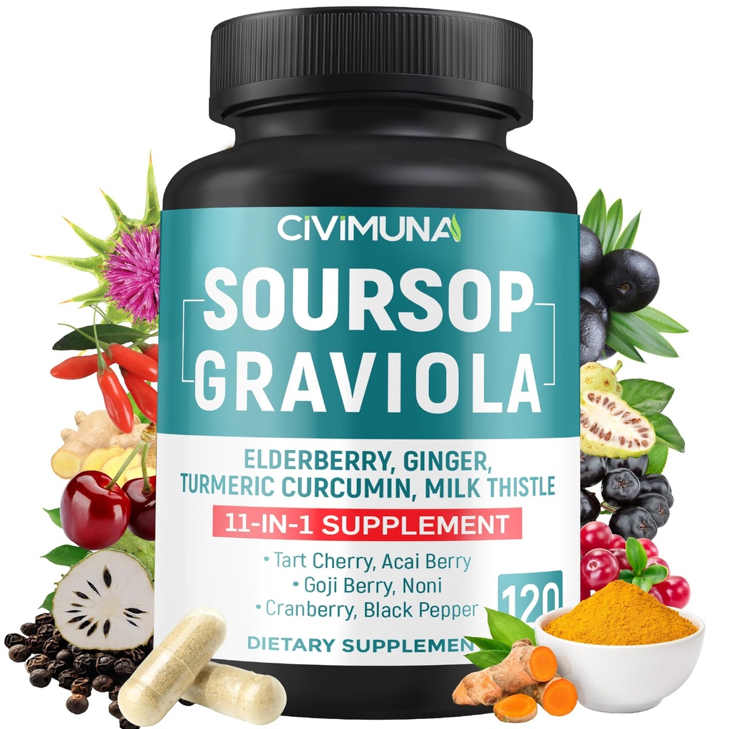 Soursop Graviola Kapsułki z Elderberry, Turmeric, Ginger, Mleko Thistle, Tart Cherry i więcej - 120 Kapsułki dla 4 miesięcy dostaw