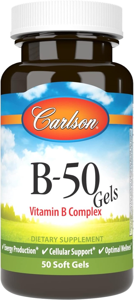 Carlson - B- 50 żel, kompleks witaminy B, produkcja energii, wsparcie komórkowe i optymalne Wellness, 50 softgeli