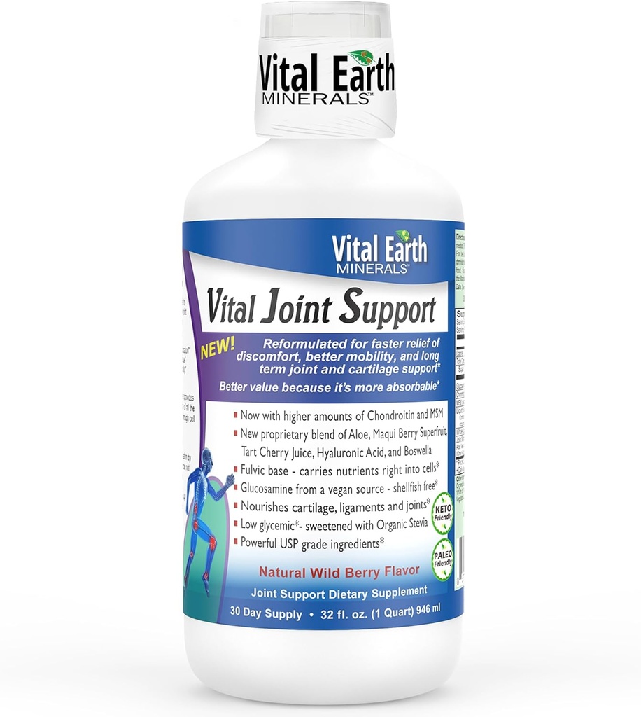 Vital Earth Liquid Joint Supplement Supplement - Glukozamina, Chondroitin, MSM Plus kwas hialuronowy, Boswellia i kwas Fulvic (70 + Minerały śladowe), 32 Oz + 1 Oz Cup