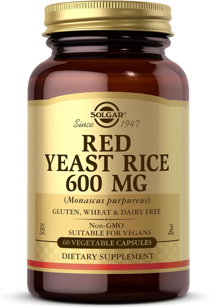 Solgar Red Yeast Rice 600 mg - 60 Kapsułki warzywne - Non-GMO, Wegan, Gluten Free, Dairy Free, Kosher - 30 Służenia