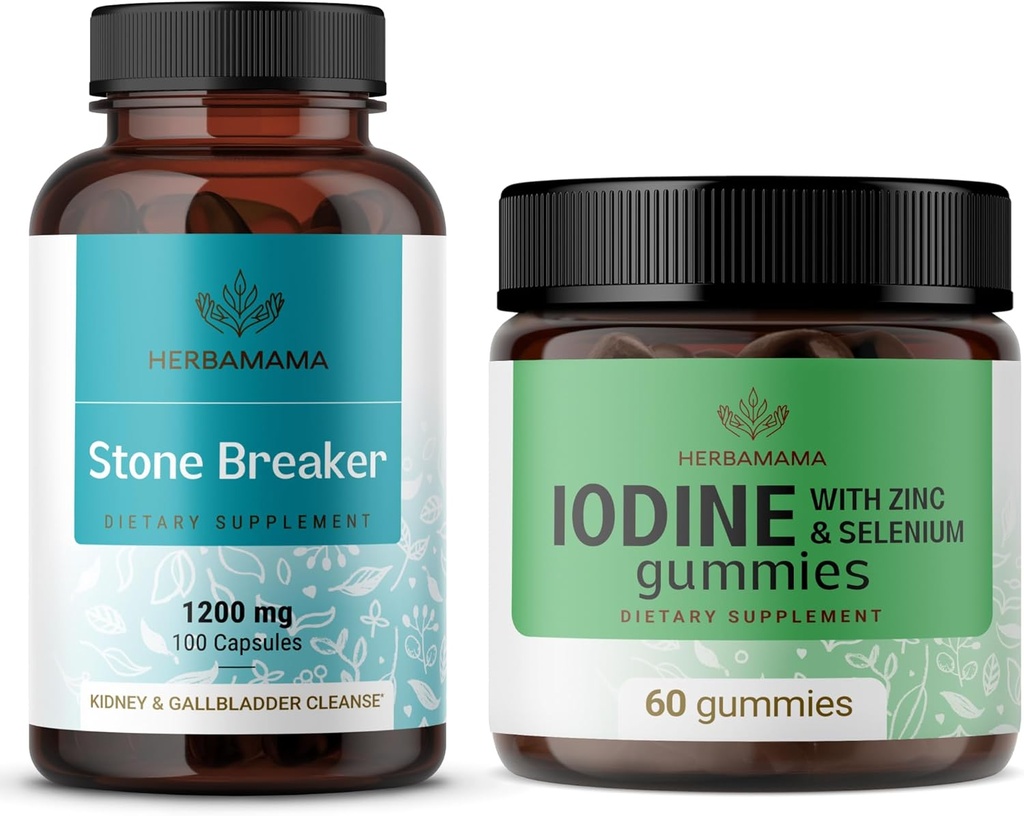 HERBAMAMA Stone Breaker and Iodine Kit - Paczka 1200 mg Stone Breaker Capsules & Potasu Jod Gummies - Wegan, Non-GMO, Żelatyna - 2 opakowania