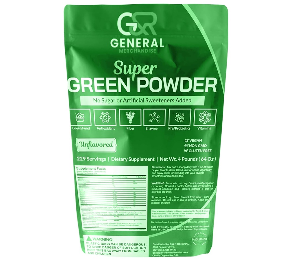 Super Zielony Proszek Superfood Organic, 229 Sługi Enzymy trawienne, Probiotyki i Witaminy Warzywa (Wheatgrass, Spirulina i więcej), Owoce, 4 Funty (64oz).