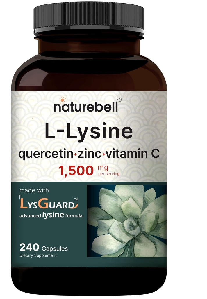 NatureBell L- Lysine 1,000 mg kapsułki + Quercetin 250mg z witaminą C i cynkiem, 240 Hrabiego 124; Wolny Acids Amino, L Lysine Complex 124; Wsparcie immunologiczne, Lip & Skin suplement zdrowia