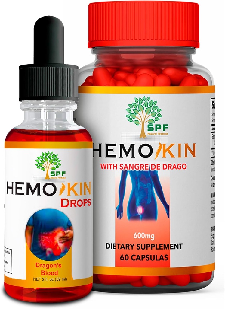 Hemokin kapsułki i SPF Hemokin krople z Sangre de Drago 124; hemoroidy, Fisure & Rana ulgi 124; Redukuje swędzenie, opuchlizna, ból 124; Digestive Health & Healing Support 124; 60 Caps + 2 Oz