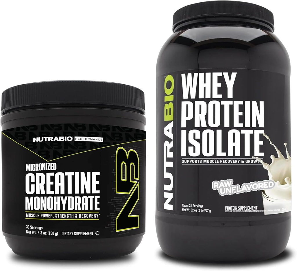 Monowodzian NutraBio Creatine, Nieflawored, 150g i izolacja białka serwatkowego, Nieflawored, Suplement Paleta - Energia mięśniowa, Lean Muscle Growth, Recovery i Siła