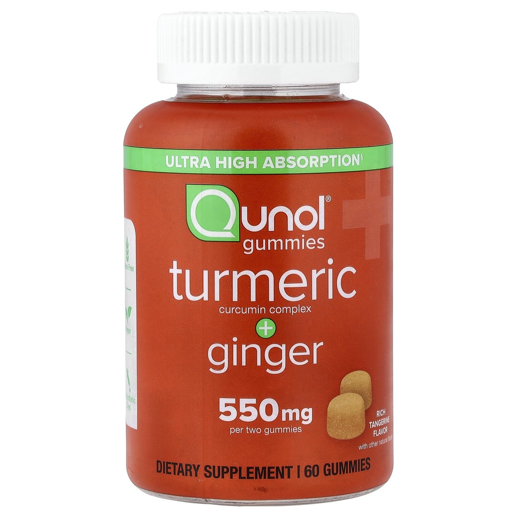 Qunol Turmeric i Gummies Gummy z 500mg Turmeric + 50mg Ginger, Joint Supplement, Ultra High Absorption Tumeric i Ginger, Wegan, Gluten Free, 1 Miesiąc dostaw 60ct Gummies