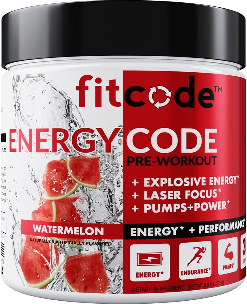 fitcode EnergyCode - Wstępne ćwiczenia z proszkiem krewnym - Energia & Napoje wydajności - Wytrzymałość mięśni i suplement Endurance - Zawiera kofeinę - 30 Słupki - Arbuz