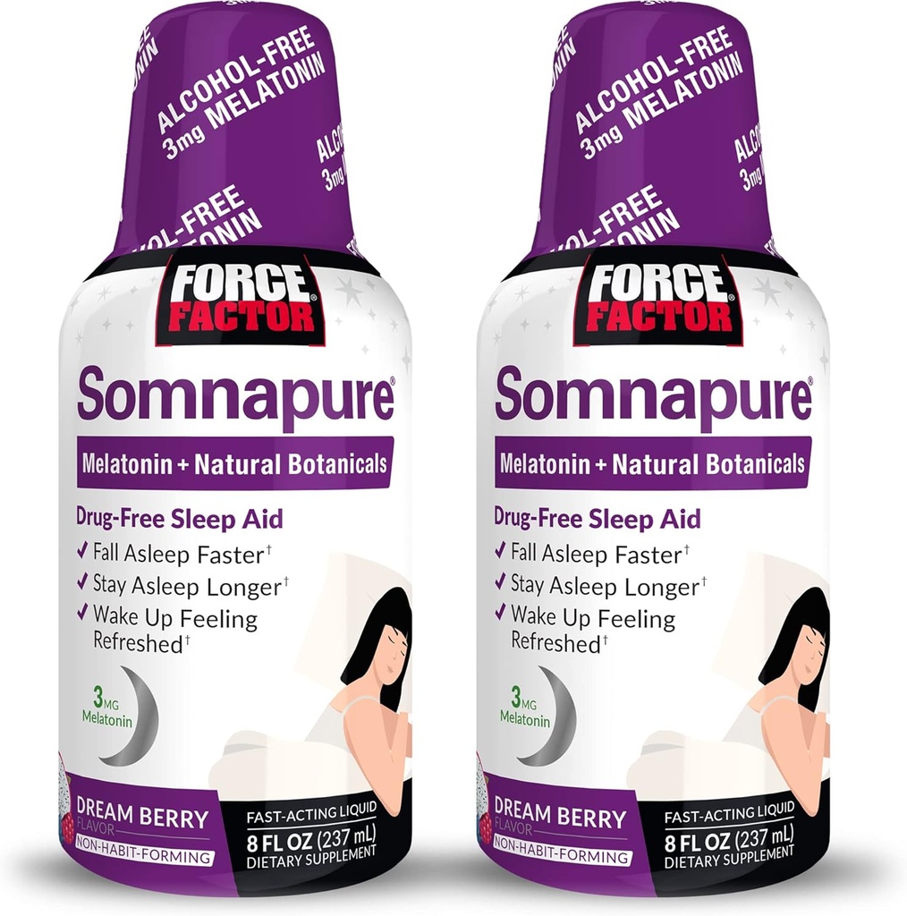 FORCE FACTOR Somnapure, 2- Pack, Sen Pomoc dla dorosłych z melatoniny, Valerian Root, & Balon cytrynowy, Płynny suplement do snu szybciej, Stay Asleep Dłuższy, & Wake Up Refreshed, 16oz, 48 Sług