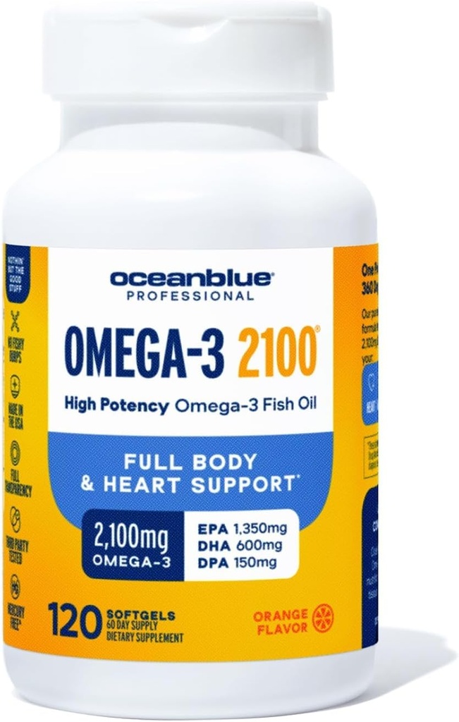 Oceanblue Professional Omega-3 2100- 120 ct - Wysoka Potliwość Potree Siła Burless Fish Oil z EPA, DHA & DPA - Wild Caught - Orange Flavor, 60 Służenie