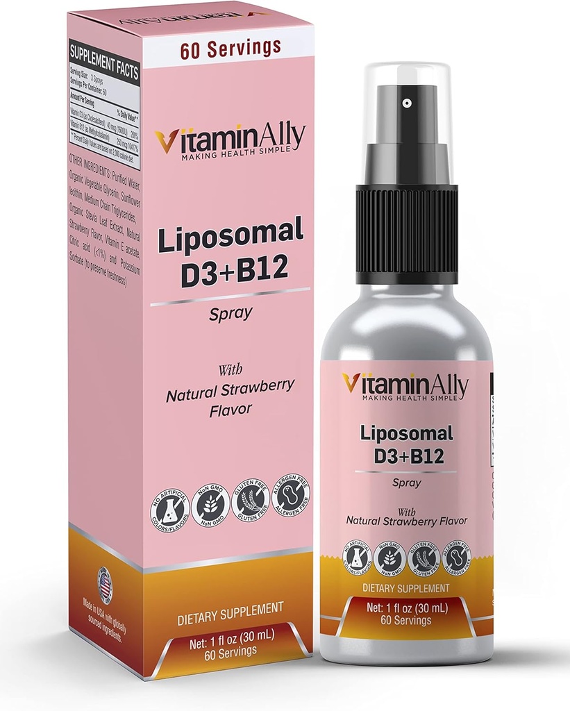 Liposomalna płynna witamina D3 + witamina B12 opryskiwacza 124; 2 Miesiące dostaw 124; 1 fl oz 124; NieGMO 124; Cukier wolny 124; Przyjazny podróży 124; Wsparcie immunologiczne, zdrowie kości, Wspomaga energię, Funkcje mózgu