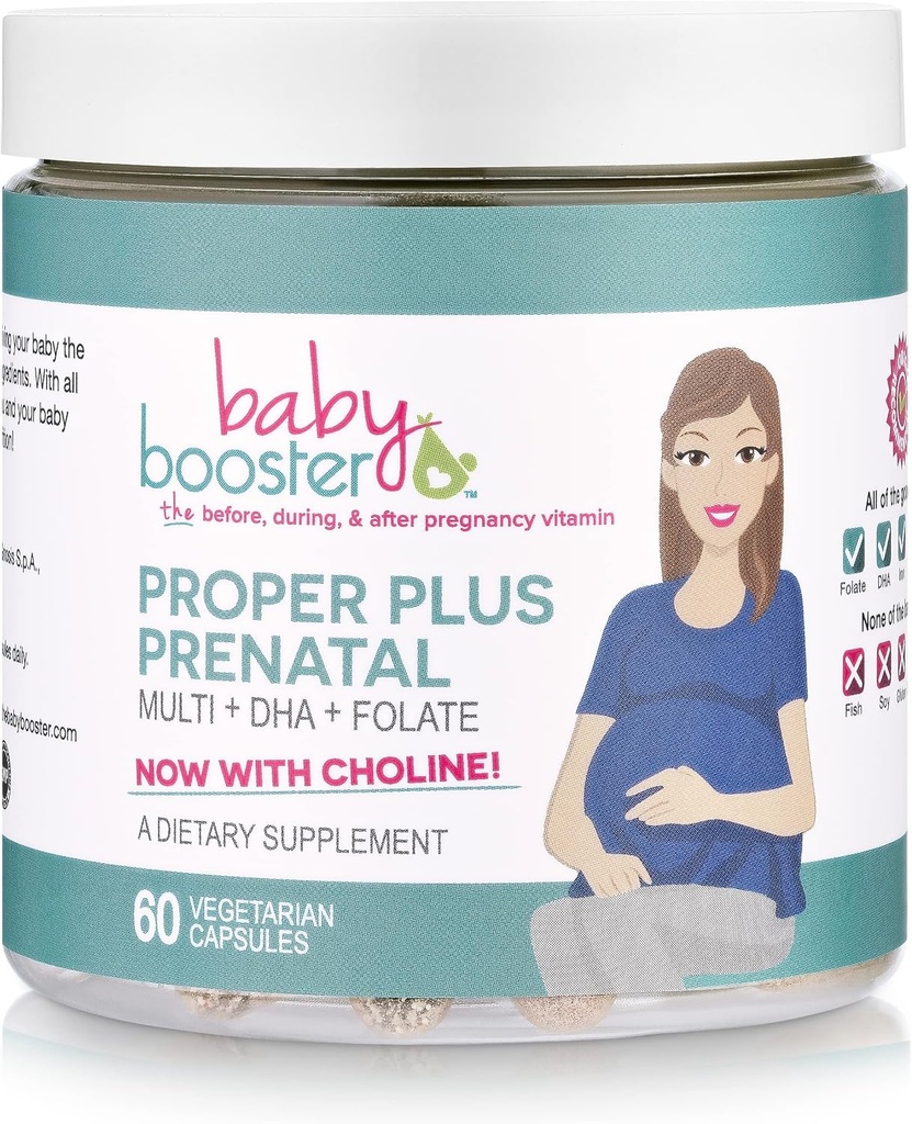 Baby Booster Proper Plus Witaminy prenatalne z wegańskim DHA + Methyl Folate + Cholina + Multi (60 Kapsułki) Świetny do ciąży, Poranna choroba i laktacja