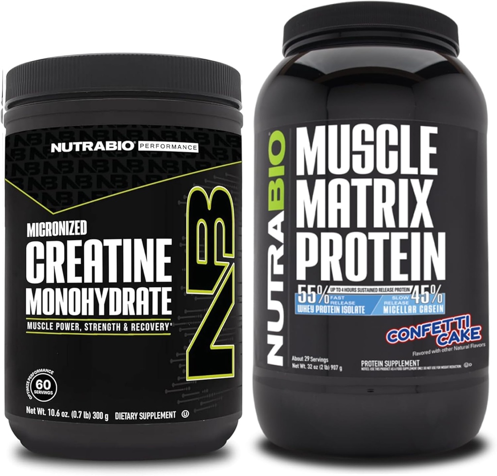 Monowodzian NutraBio Creatine, nieflaworyczny, (300 g) i proszek z białka matrix, (ciasto konfetti) Suplement Pasek - Energia mięśniowa, maksymalny wzrost, odzysk i siła