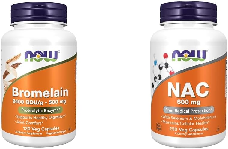 Teraz suplementy, Bromelain 2,400 GDU / g - 500 mg, Naturalny Enzym Proteolityczny *, 120 Kapsułki i suplementy Veg, NAC 600 mg z Selenium i Molibdenu, 250 Kapsułki Veg
