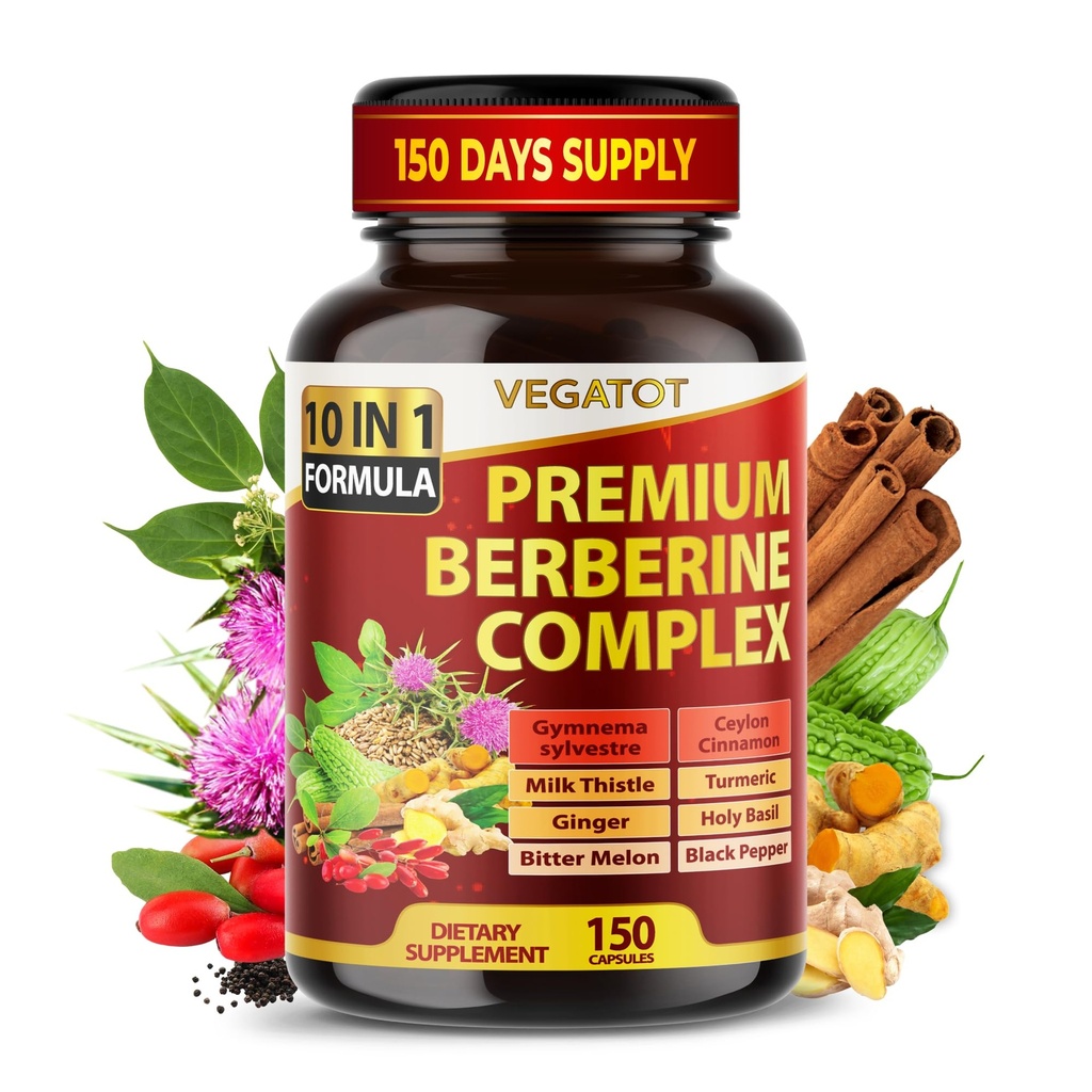 VEGATOT GlucoZbawiciel Berberine Suplement z Ceylon Cynamon, Gorzkie Melon, Gimnema - Wspiera immunologiczne, Heart Health & Funkcje żołądkowo-jelitowe - Made in The USA (150 Count (Pack of 1))