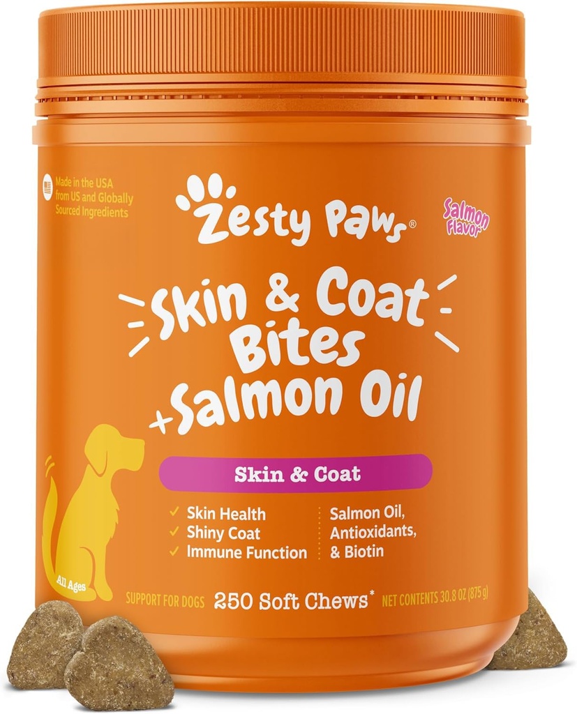 Zesty Łapy Salmon Oil for Dogs Skin and Coat, Omega 3 Fish Oil Chews, Dog Allergy Relief Chews, Itch Relief Supplement, 250 Count, Salmon Flavor