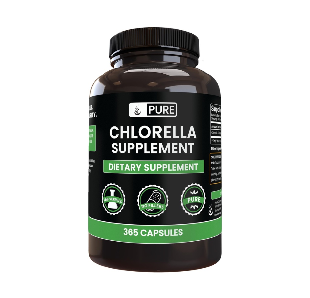Pure Original Składniki Chlorella (365 Kapsułki) No Magnezu lub wypełniacze ryżu, Zawsze Czysty, Laboratorium zweryfikowane