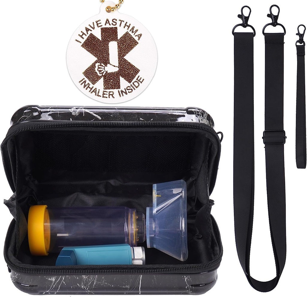MGZNMTY Travel Carry Case for Asthma Inhaler, Inhaler Spacer dla dzieci i dorosłych, Maski, Holder Bag z Shulder Crossbody Lope i Mesh Pocket for Medicine (Tylko przypadek) (Czarny marmur)