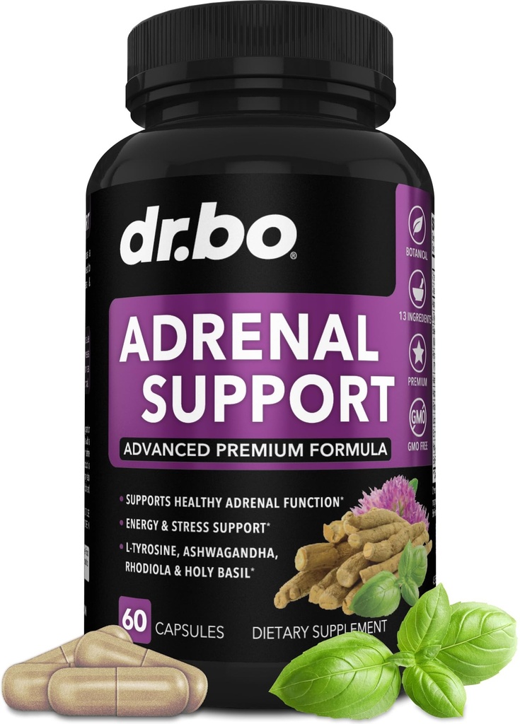 Adrenal Support Cortisol Manager Supplement - Adrenal Fatigue Supplements for Women & Men with Natural Adaptogen Ashwagandha Holy Basil Rhodiola L Tyrosine Complex Fatigue Cortisol Health - 60 Pills