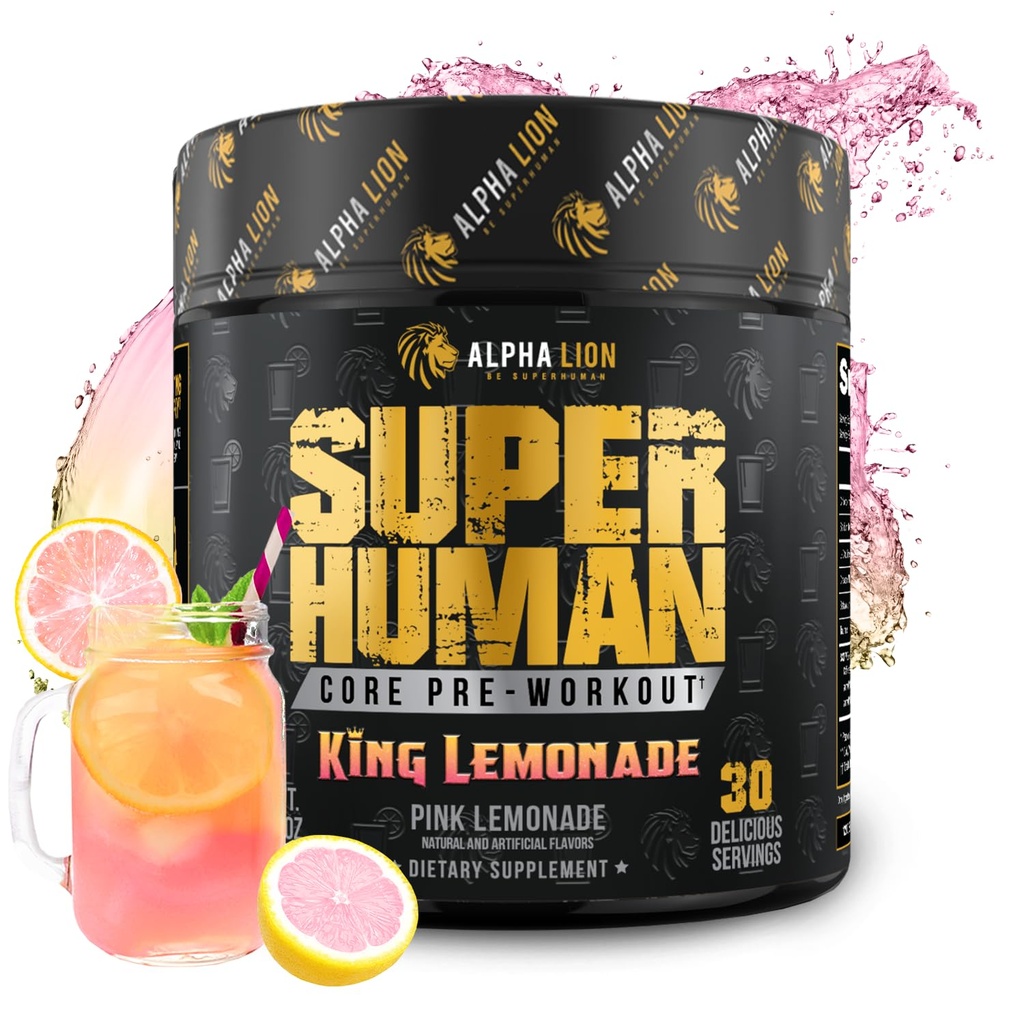 ALPHA LION Core pre Workout z Creatine for Performance, Beta Alanine for Muscle, L -Citrulline for Pomp & Tri- Source Cafeline for Trwała Energia (30 Sług, Król Lemonade Flavor)