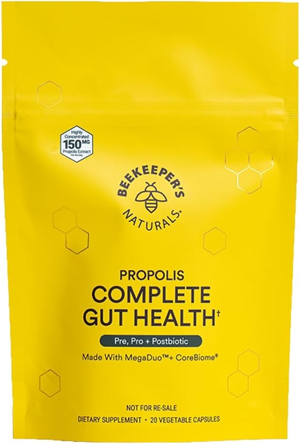 Pszczelarze 's Naturals Complete Gut Health, 3- in-1 Prebiotyczne, Postbiotyczne, Probiotyki dla zdrowia i Bloating Relief for Women & Men, Propolis Powered, Gluten- Free Vegan kapsułki, 20ct