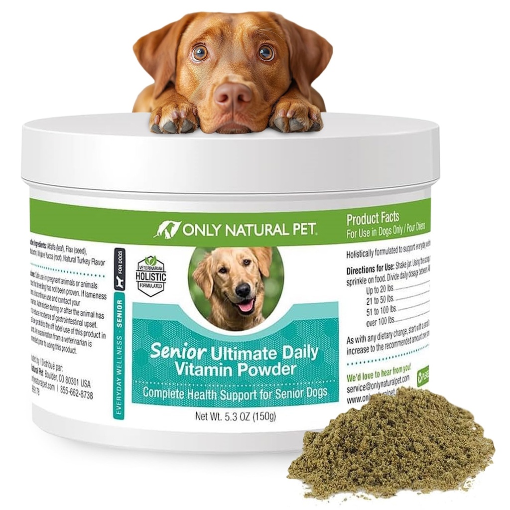 Only Natural Pet Senior Ultimate Daily Canine Vitamin Supplement for Dogs Complete Holistic Health Support - Made in USA, 5.3 oz Turkey Flavored Powder
