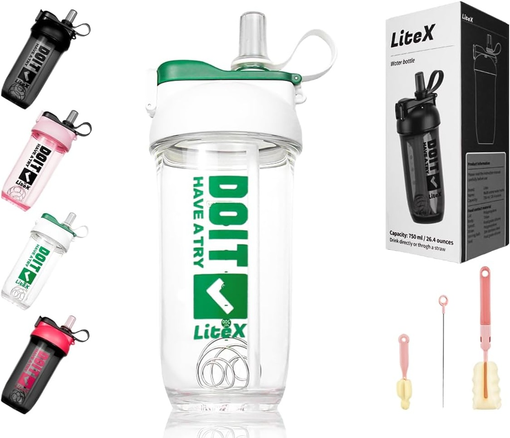 Litex Shaker Butelki do shake 'ów proteinowych, 26oz Blender Shaker Butelka do wstępnego treningu, Shaker Cups with Straw, Butelki Tritan Mikser do proszku protein, z pędzlem i instrukcjami (biały)