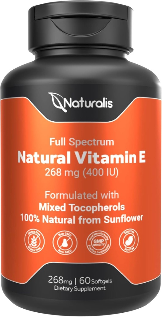 Naturalis Sunflower Witamina E 268mg (400 j. m.) z mieszanymi tokoferolami 124; Witamina i immunologiczne wsparcie skóry 124; Nie-GMO, Soy & Gluten Free 124; 60 Softgels